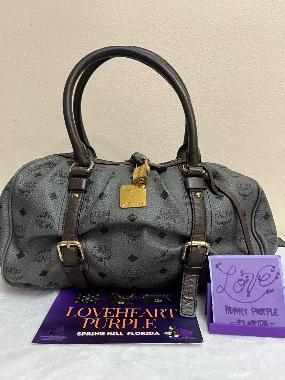 MCM Gray Visetos Satchel with Dark Brown Trim